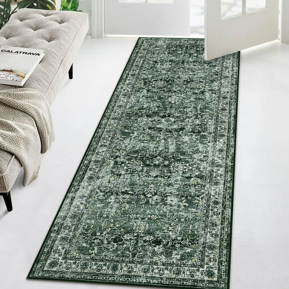 Haperlare Rug Runner 2'x6' Entryway Vintage Area Rugs for Hallway Washable Low Pile Rugs for Bedroom Non Slip Kitchen Laundry Rug Green