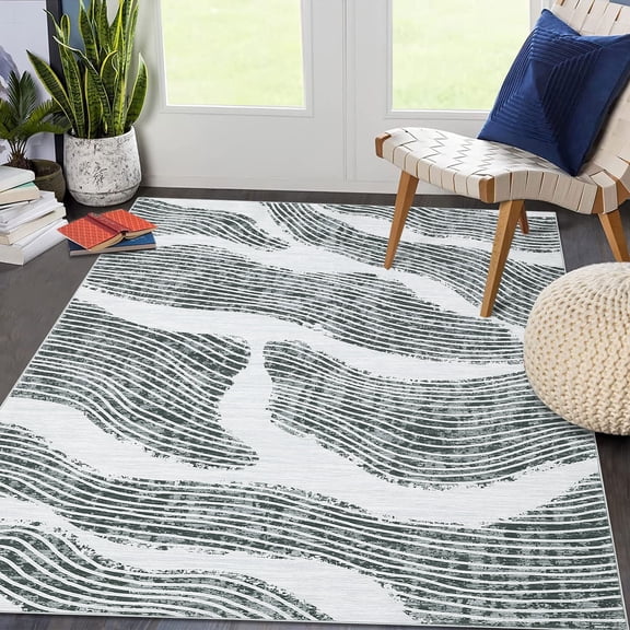 Haperlare 9'x12' Contemporary Abstract Area Rug Washable Modern Ocean Print Rugs for Kitchen Stain-Resistant Dining Room Rugs, Gray