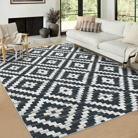 Haperlare 8'x10' Modern Geometric Area Rugs for Living Room, Machine Washable Non Slip Rugs for Bedroom Home Office, Black