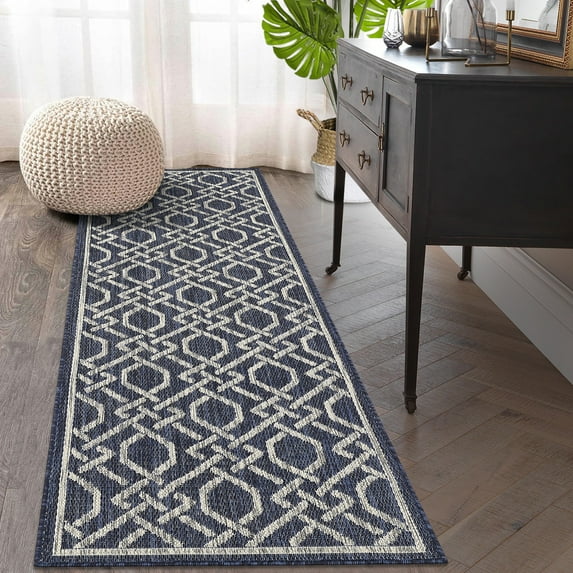 Haperlare Runner Rug 2'3" x 7'3" Textured Weave Indoor/Outdoor Rug Easy Cleaning Carpet for Porch, Navy