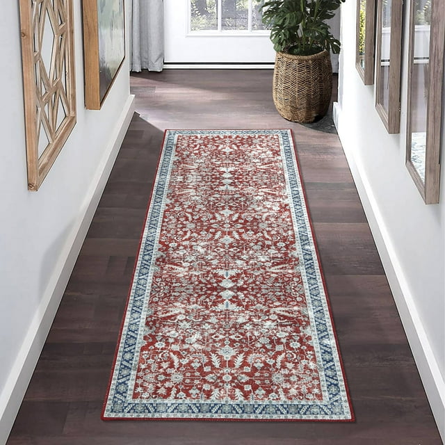 Haperlare Runner Rug 2' x 6' Hallway Area Rug Persian Entryway Rug Washable Low Pile Non-Slip Distressed Mat Indoor Entrance Carpet for Living Room Kitchen Bath, Blue