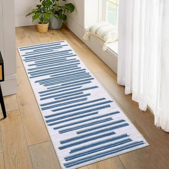 Haperlare Runner Rug Bohemian Rug Modern Berber Stripe Area Rug Non Slip Non Shedding Carpet Low Pile Throw Rug for Bedroom Living Room, 2' x 6' Beige Blue