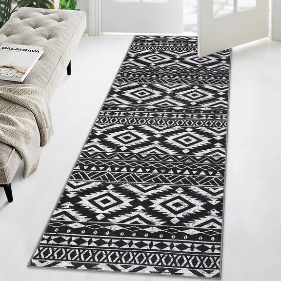 Haperlare Runner Rugs Machine Washable Vintage Geometric Runner Rugs for Hallway Entryway Low Pile Laundry Runner Rug,Black,2'x6'