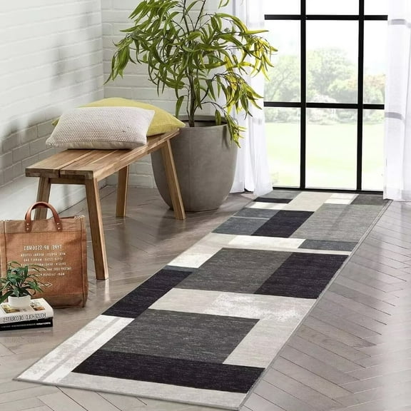 Haperlare Runner Rugs Modern Rug for Bedroom Soft Rug Contemporary Boxes Print Accent Rug Non Slip Low Pile Throw Carpet, 2' x 6' Brown