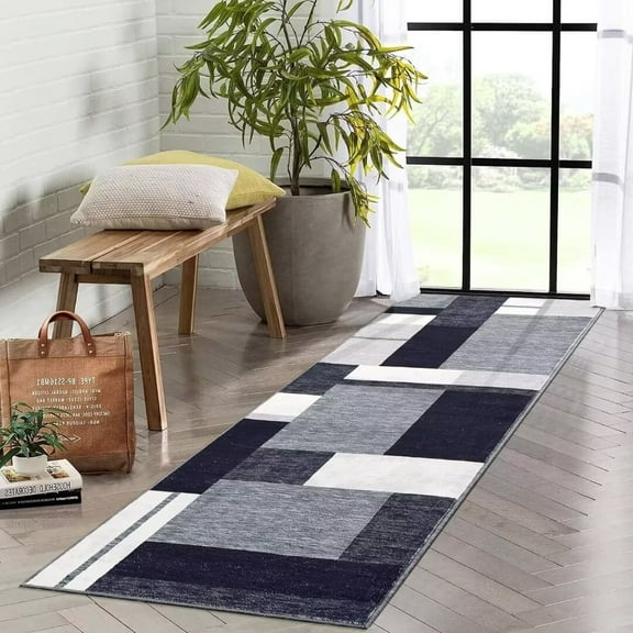 Haperlare Runner Rugs Modern Rug for Bedroom Soft Rug Contemporary Boxes Print Accent Rug Non Slip Low Pile Throw Carpet, 2' x 6' Gray