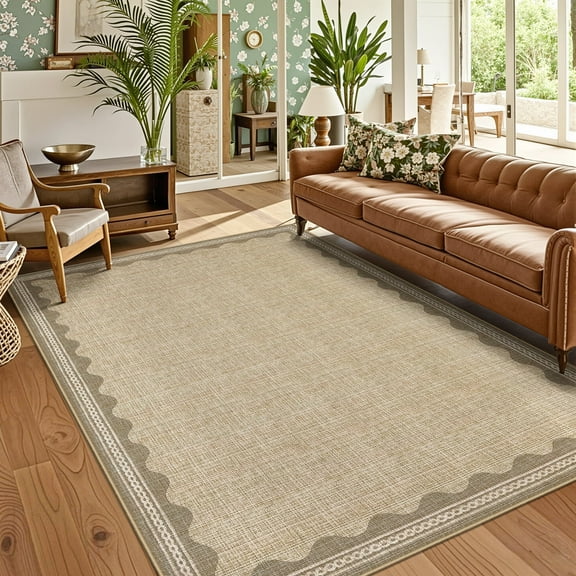 Haperlare Scalloped Modern Solid Area Rugs, 5x7 Machine Washable Rug Contemporary Bordered Rug Non Slip Non Shedding Indoor Carpet for Living Room Bedroom Office, Linen