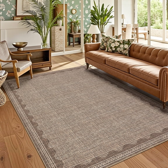 Haperlare Scalloped Modern Solid Area Rugs, 5x7 Machine Washable Rug Contemporary Bordered Rug Non Slip Non Shedding Indoor Carpet for Living Room Bedroom Office, Coffee