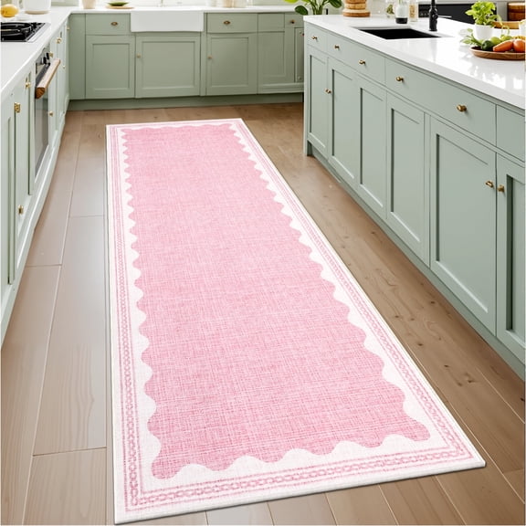 Haperlare Scalloped Modern Solid Runner Rugs, 2x6 Machine Washable Rug Contemporary Bordered Rug Non Slip Non Shedding Indoor Carpet for Entryway Bedroom Kitchen, Pink