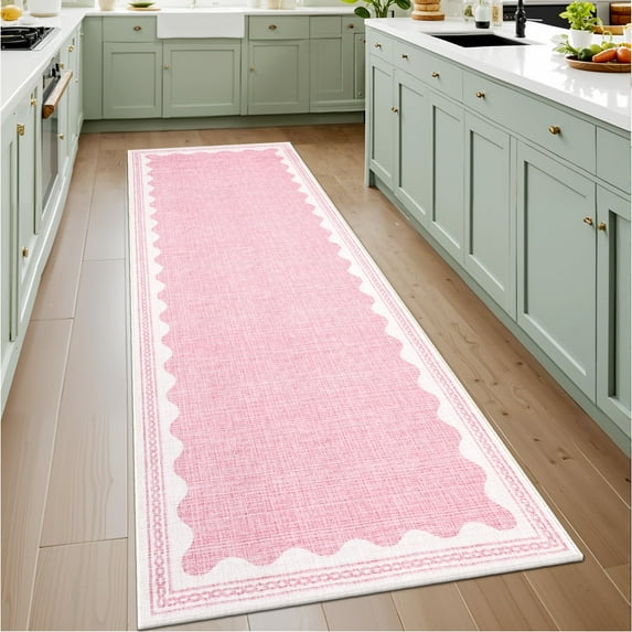 Haperlare Scalloped Modern Solid Runner Rugs, 2x6 Machine Washable Rug Contemporary Bordered Rug Non Slip Non Shedding Indoor Carpet for Entryway Bedroom Kitchen, Pink