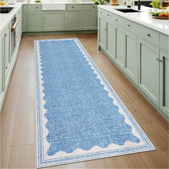 Haperlare Scalloped Modern Solid Runner Rugs, 2x6 Machine Washable Rug Contemporary Bordered Rug Non Slip Non Shedding Indoor Carpet for Entryway Bedroom Kitchen, Blue