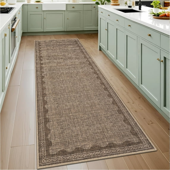 Haperlare Scalloped Modern Solid Runner Rugs, 2x6 Machine Washable Rug Contemporary Bordered Rug Non Slip Non Shedding Indoor Carpet for Entryway Bedroom Kitchen, Coffee