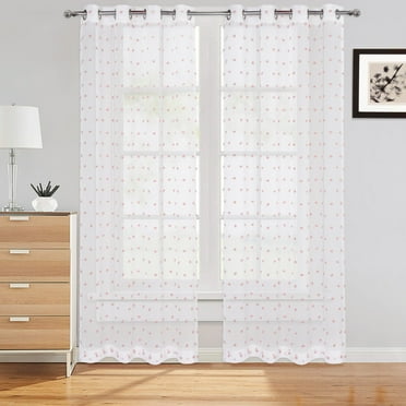 Haperlare Sheer Window Curtains 52"W x 63"L Linen Textured Voile Curtain Set Embroidered with Pom Pom Voile Sheers for Bedroom Living Room, 2 Panels, Pink Pompoms