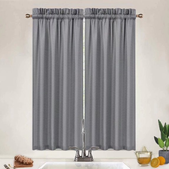 Haperlare Short Curtain for Bedroom 30"W x 45"L Waffle Woven Textured Light Filtering Tier Curtains for Kitchen Cafe Bathroom, Gray, 2 Panels