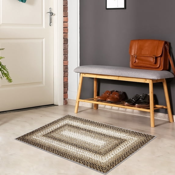 Haperlare Small Rug Living Room Washable Rug Braided Print Boho Accent Floor Covers Modern Geometric Area Carpet for Bedroom Kirtchen, 2' x 4' Beige
