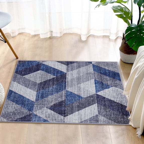 Haperlare Trellis Throw Rug 3'x5' Low-Pile Washable Area Rug Stain Resistant Boho Carpet for Living Room Bedroom Kids Room, Navy Blue/Gray