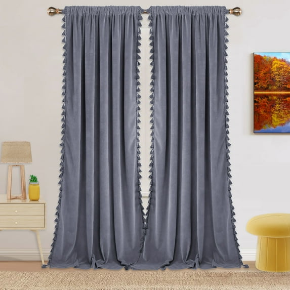 Haperlare Velvet Curtains with Boho Tassels for Living Room 42"W x 96"L Room Darking Rod Pocket Window Curtains for TV Room, Gray, 2 Panels