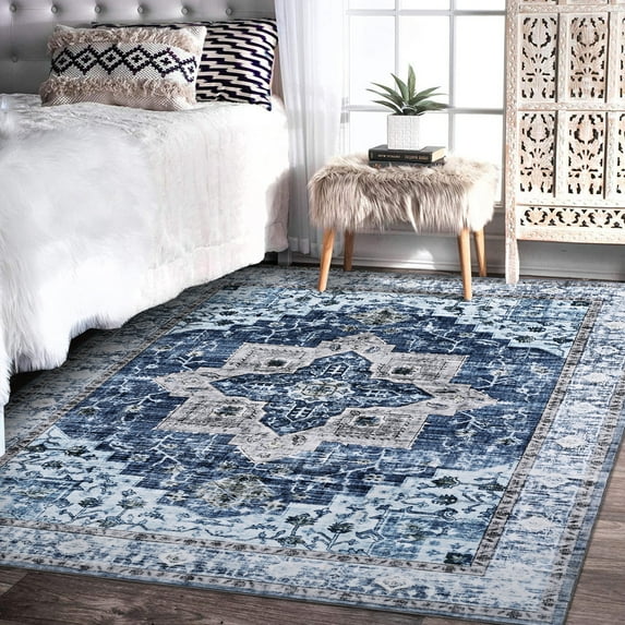 Haperlare 9' x 12' Area Rug for Living Room Washable Bedroom Vintage Floral Medallion Carpet for Floor Decoration, Blue