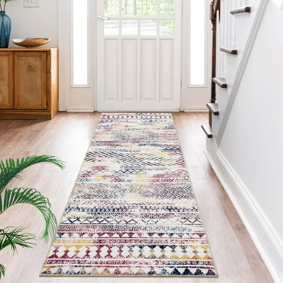 Haperlare Vintage Area Rug Boho Geometric Area Rug for High Traffic Areas Low Pile Non Shedding Easy Cleaning Living Room Bedroom Carpet, 2' x 7' Mixed Color