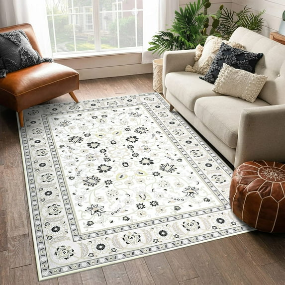 Haperlare Vintage Area Rugs Oriental Floral Distressed Accent Rug Machine Washable Rug Boho Living Room Rug, 5' x 7' Beige Black