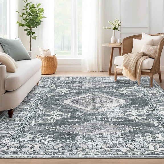 Haperlare Vintage Area Rugs for Living Room Bohemian Washable Rugs for Home Office,Grey Low Pile Ultra-Thin Nursery Carpet,8'x10'