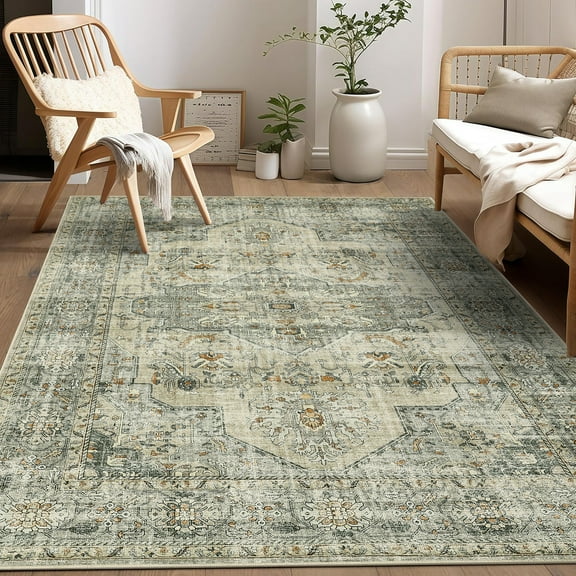 Haperlare Vintage Area Rugs for Living Room Machine Washable Stain-Resistant Rugs for Kitchen Dining Room Ultra-Thin Carpet,5'x7',Beige