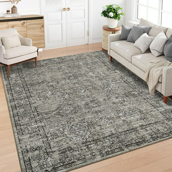 Haperlare Vintage Bohemian Living Room Washable Area Rugs Floral Boho Non Shedding Low Pile Rugs for Home Office Indoor Floor Rugs,9'x12' Brown Carpet