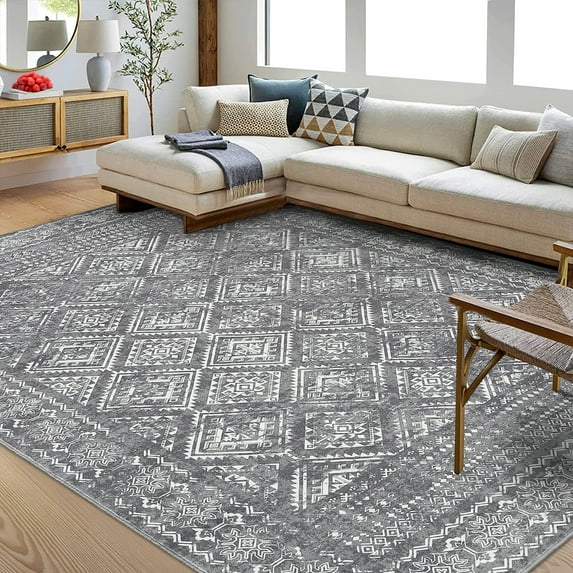 Haperlare Vintage Bohemian Washable Rugs for Bedroom Non Shedding Ultra-Thin Area Rugs Grey Moroccan Geometric Rugs for Bathroom Home Office,5'x7'