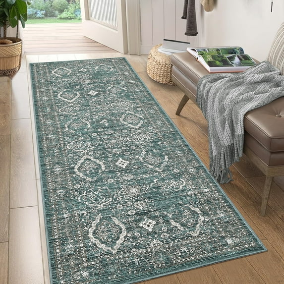 Haperlare Vintage Boho Washable Runner Rugs for Hallway Floral Non Slip Low Pile Runner Rugs for Entryway Laundry Dark Cyan Soft Runner Rug,2'x6'Throw Rugs