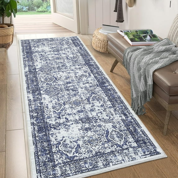 Haperlare Vintage Boho Washable Runner Rugs for Hallway Floral Non Slip Low Pile Runner Rugs for Entryway Laundry Blue Soft Runner Rug,2'x6'Throw Rugs