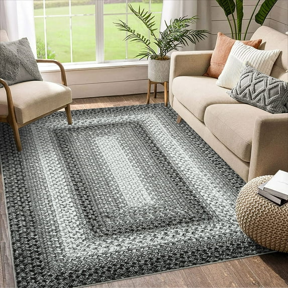 Haperlare Vintage Braided Area Rug Washable Rug Boho Geometric Print Rug Non-Slip Foldable Throw Carpet Ultra Soft Lightweight Thin Rug, 3' x 5' Gray