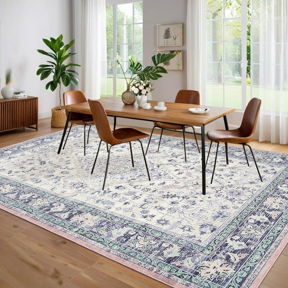 Haperlare Vintage Distressed Area Rug 10x13ft Retro Floral Print Carpet Machine Washable Rug, Non Slip Low Pile Indoor Floor Mat for Living Room Bedroom Home Office, Purple