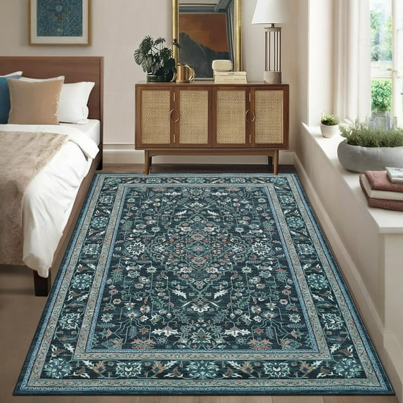 Haperlare Vintage Distressed Area Rug 8x10ft Retro Floral Print Carpet Machine Washable Rug, Non Slip Low Pile Indoor Floor Mat for Living Room Bedroom Home Office, Blue