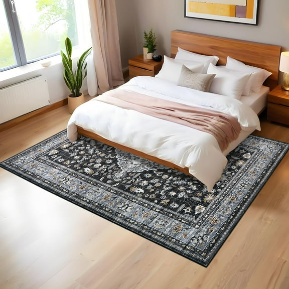 Haperlare Vintage Distressed Area Rug 8x10ft Retro Floral Print Carpet Machine Washable Rug, Non Slip Low Pile Indoor Floor Mat for Living Room Bedroom Home Office, Black