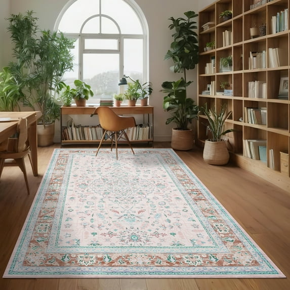 Haperlare Vintage Distressed Area Rug 8x10ft Retro Floral Print Carpet Machine Washable Rug, Non Slip Low Pile Indoor Floor Mat for Living Room Bedroom Home Office, Pink