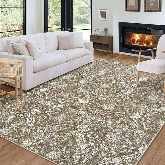 Haperlare Vintage Floral Distressed Rugs for Living Room Washable Non Slip Area Rugs Light Brown Stain-Resistant Rugs for Dining Room 9'x12'