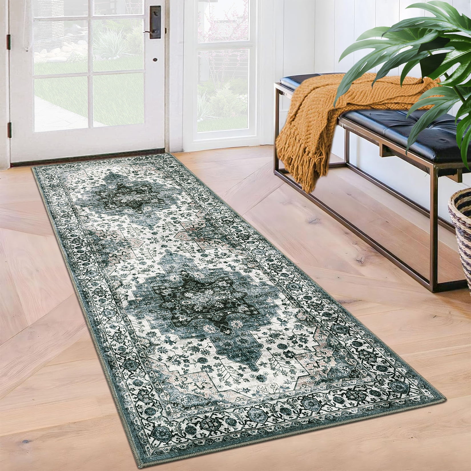 Green Floral 2' x 6' Washable Non-Slip Runner Rug