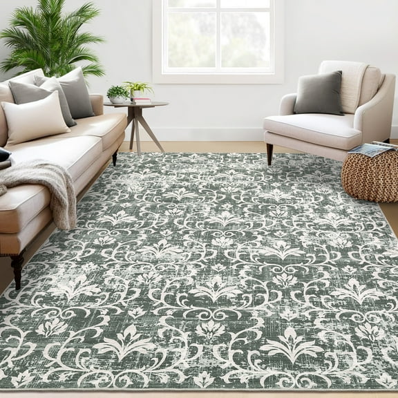 Haperlare Vintage Green Area Rug Floral Machine Washable Rugs for Kitchen Stain-Resistant Dining Room Rug 5'x7' Farmhouse Rugs