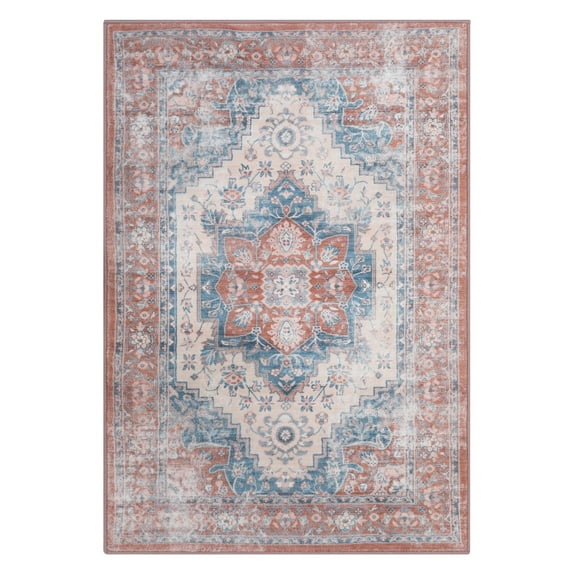 Haperlare Vintage Medallion Area Rug 4 x 6 FT Boho Distressed Indoor Rug for Living Room Kitchen Bedroom Children's room Decoration Non-Slip Rug, Brick Red