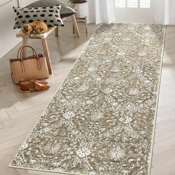 Haperlare Vintage Rug Runner 2'x6' Entryway Floral Area Rugs for Hallway Washable Low Pile Rugs for Bedroom Non Slip Kitchen Laundry Rug Light Brown