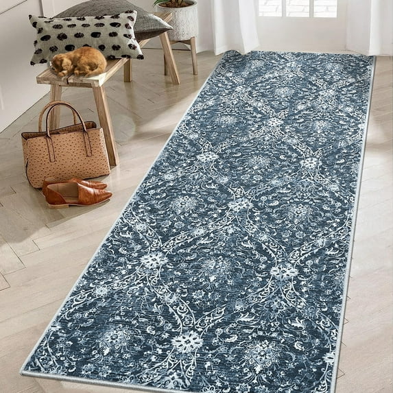 Haperlare Vintage Rug Runner 2'x6' Entryway Floral Area Rugs for Hallway Washable Low Pile Rugs for Bedroom Non Slip Kitchen Laundry Rug Navy Blue
