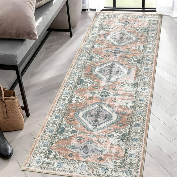 Haperlare Vintage Runner Rugs for Hallway,Machine Washable Non Slip Entryway Rugs,Pink Rugs for Laundry Kitchen,2'x6' Indoor Floor Mat