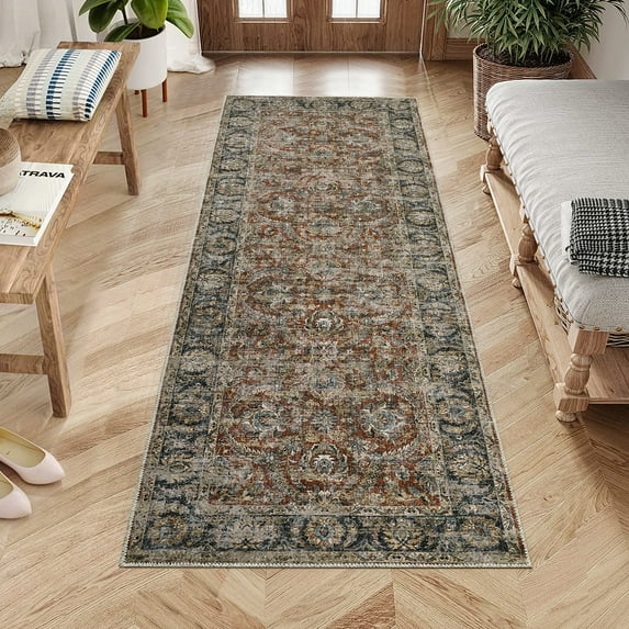 Haperlare Vintage Washable Living Room Runner Rug Boho Floral Print Large Area Rug Non Slip Soft Rug for Bedroom Accent Carpet, 2' x 6' Red