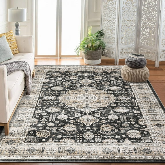 Haperlare Washable Area Rug Boho Vintage Rug Oriental Medallion Area Rug Stain-Resistant Non Shedding Rug Living Room Bedroom Soft Accent Rug, 9' x 12' Black
