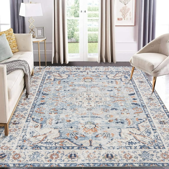 Haperlare Washable Area Rug Oriental Rug Boho Vintage Floral Area Rug Non Shedding Rugs for Bed Room Living Room, 8' x 10' Blue/Beige