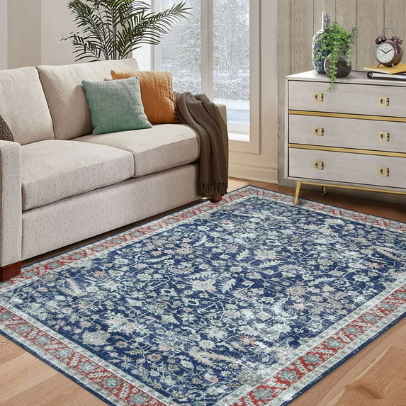 Haperlare Washable Area Rug Persian Traditional Chic Area Rugs Carpet Vintage Distressed Carpet Rug Foldable Coffee Table Accent Rug Bedroom Decor, Blue 4' x 6'