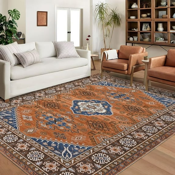 Haperlare Washable Area Rugs for Bedroom Non Slip Large Area Rugs for Living Room Oriental Boho Rug Distressed Chenille Carpet Stain Resistant Throw Rugs, 8' x 10' Orange