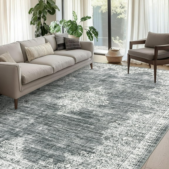 Haperlare Washable Area Rugs for Living Room Vintage Ultra-Thin Low Pile Rugs for Bathroom Family Room,9'x12',Grey Carpet