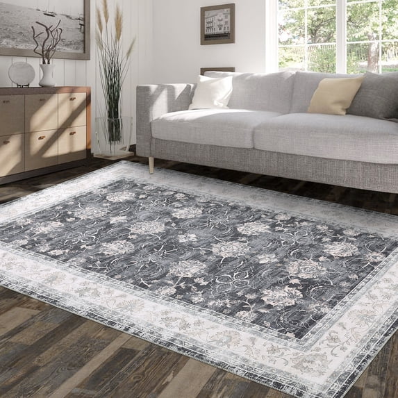 Haperlare Washable Boho Rugs Bohemian Rugs Floral Distressed Area Rug Bedroom Large Rug Living Room Dining Room Oriental Carpet, 9' x 12' Black