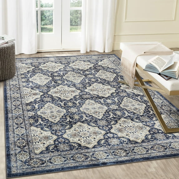 Haperlare Washable Floral Area Rugs for Living Room Vintage Boho Ultra-Thin Low Pile Rugs for Bathroom Family Room,9'x12',Blue Carpet