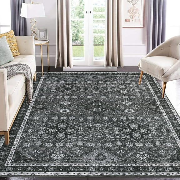Haperlare Washable Living Room Area Rugs Vintage Floral Moroccan Rugs Non Slip Low Pile Soft Rugs for Bedroom Family Room, 9'x12' Grey Throw Carpet